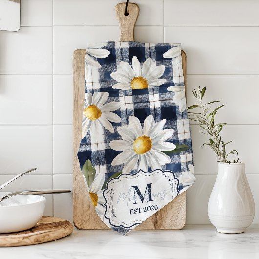 Linge De Cuisine Custom Navy Gingham Daisy Monogram