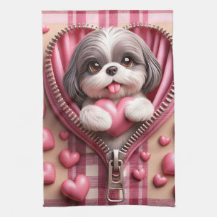 Linge De Cuisine Cute 3D Shih Tzu dans un Arrière - plan rose et bl
