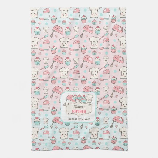 Linge De Cuisine Cute Baking Pink Blue Cupcake Nom (Vertical)