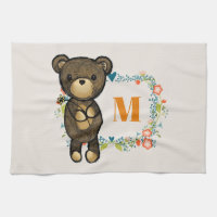 Cute Bear, Yellow Flower & Floral Wreath Monogram