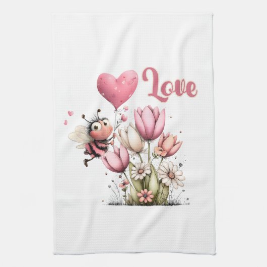 Linge De Cuisine Cute Bee Love Heart Balloon Spring Flowers (Vertical)