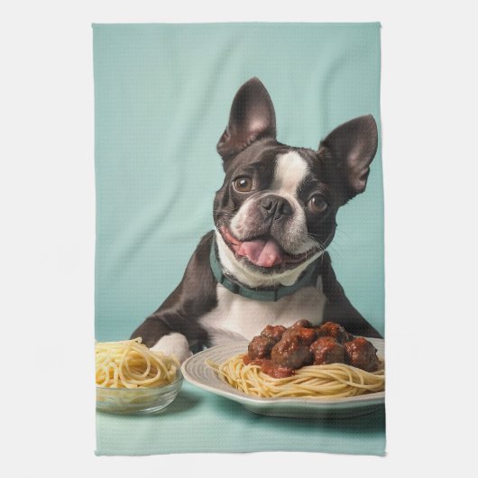 Linge De Cuisine Cute Boston Terrier Avec Spaghetti Bolognaise (Vertical)