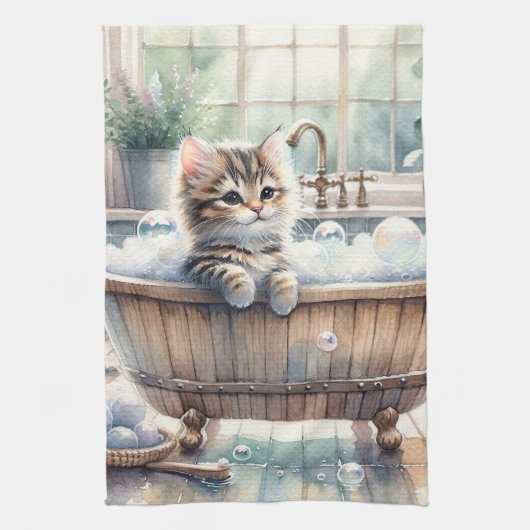 Linge De Cuisine Cute Bubbly Kitten Temps de bain (Vertical)