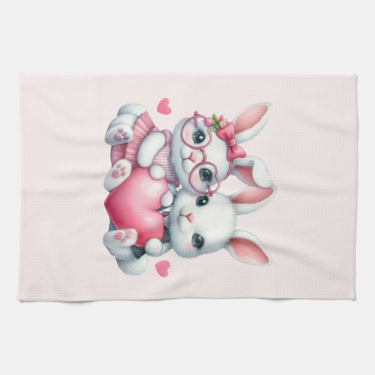 Linge De Cuisine Cute Bunnies Sharing a Heart (Horizontal)