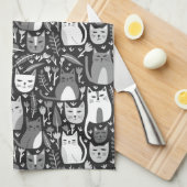 Linge De Cuisine Cute Cats Motif Botanique Floral Noir et Blanc (Quart Plié)