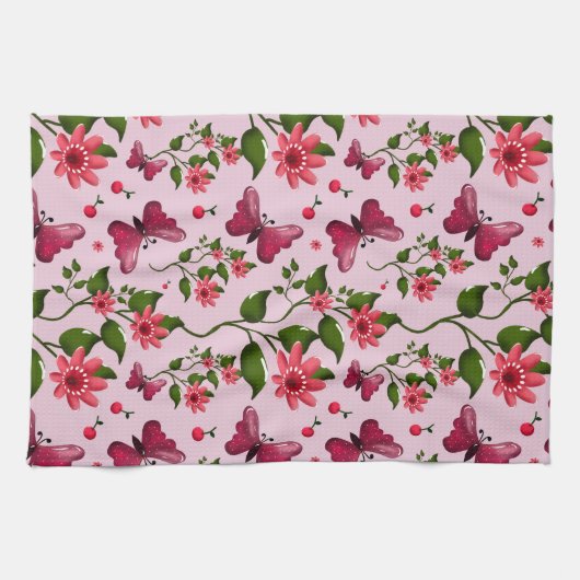 Linge De Cuisine Cute Cherry Butterfly Pattern, Glossy Kawaii Fruit (Horizontal)