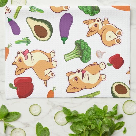 Linge De Cuisine Cute Corgi and Vegetables Motif alimentaire (Plié)