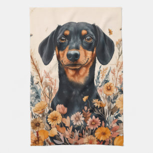 Linge De Cuisine Cute Dachshund avec peinture Fleur sauvage