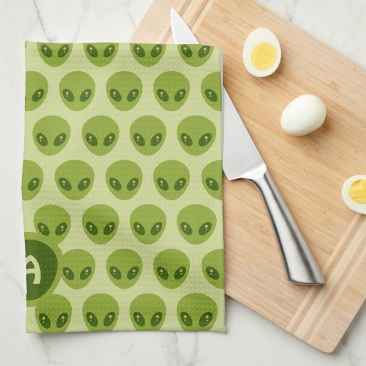 Linge De Cuisine Cute Green Alien Pattern Monogram (Quart Plié)