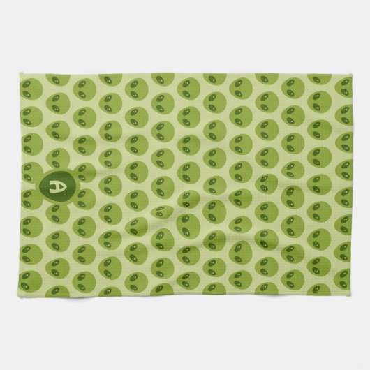 Linge De Cuisine Cute Green Alien Pattern Monogram (Horizontal)