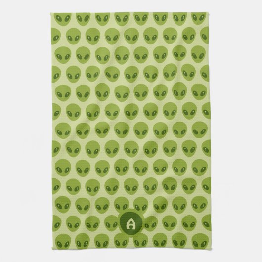 Linge De Cuisine Cute Green Alien Pattern Monogram (Vertical)
