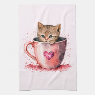 Linge De Cuisine Cute Kitten dans un Teacup avec les coeurs