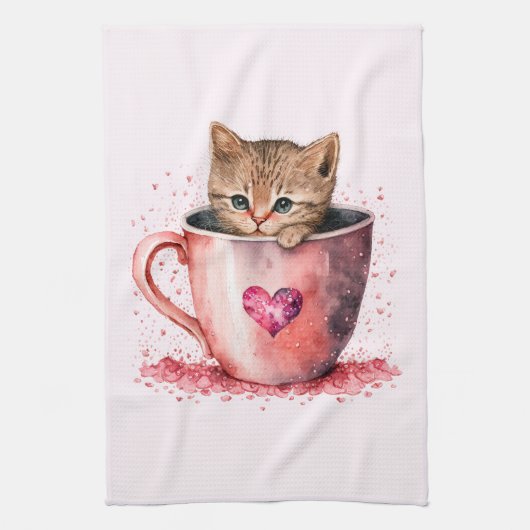 Linge De Cuisine Cute Kitten dans un Teacup avec les coeurs (Vertical)