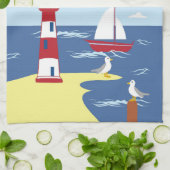 Linge De Cuisine Cute Lighthouse and Boat Seaside Art (Plié)