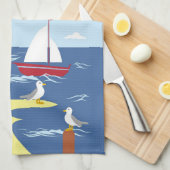 Linge De Cuisine Cute Lighthouse and Boat Seaside Art (Quart Plié)