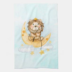 Linge De Cuisine Cute Lion Pêche sur l'aquarelle de la lune