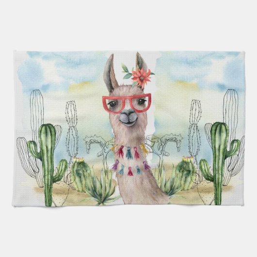 Linge De Cuisine Cute Llama À Fleur (Horizontal)