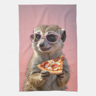 Linge De Cuisine Cute Meerkat avec lunettes et pizza
