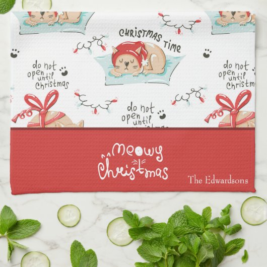 Linge De Cuisine Cute Meowy Christmas Kitty Chat Motif (Plié)