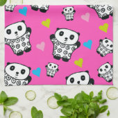 Linge De Cuisine Cute moderne Kawaii Panda Coeurs roses (Plié)