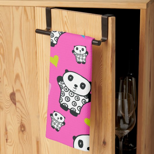 Linge De Cuisine Cute moderne Kawaii Panda Coeurs roses (Pliage en tiers)