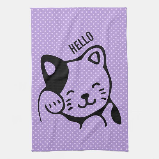 Linge De Cuisine Cute noir et blanc Kitty Chat Waving Bonjour (Vertical)