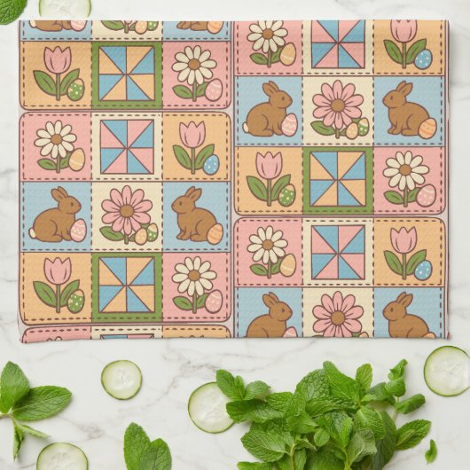 Linge De Cuisine Cute Pastel Easter Bunny Flower Patchwork  (Plié)