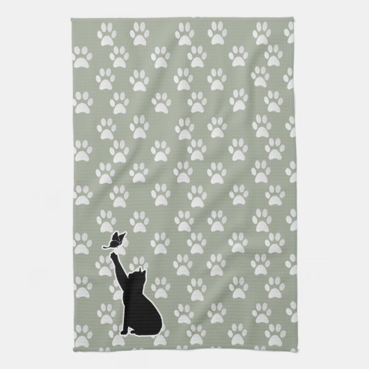 Linge De Cuisine Cute Paw Motif Chat Chasser un papillon (Vertical)