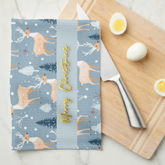 Linge De Cuisine Cute Snowflake Reindeer Moderne Élégant Pastel Blu