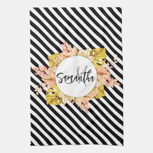 Linge De Cuisine Cute Stripes et Monogramme Floral (Vertical)