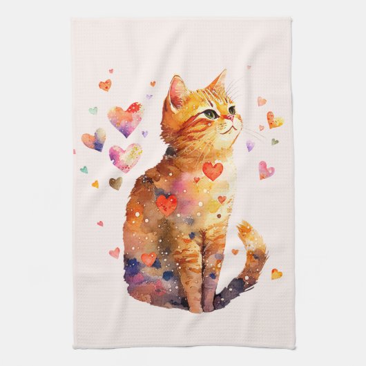 Linge De Cuisine Cute Tabby Chat avec Coeurs (Vertical)