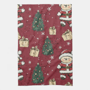 Linge De Cuisine Cute Teddy Bear & Santa sur fond Rouge (3)