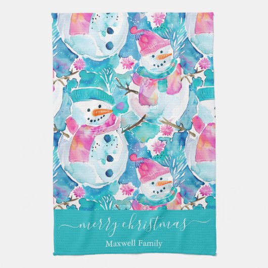 Linge De Cuisine Cute turquoise snowmen script christmas (Vertical)