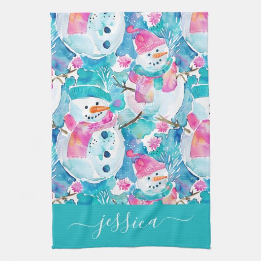Linge De Cuisine Cute turquoise snowmen script name (Vertical)