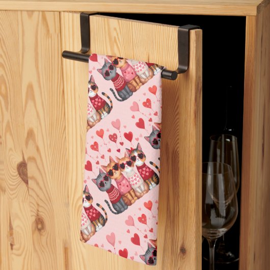 Linge De Cuisine Cute Valentine Chats en Lunettes de soleil Coeur (Pliage en tiers)
