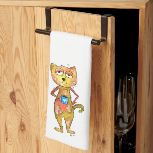 Linge De Cuisine Cute Whimsical Fatigué Chat Boire Café (Pliage en tiers)
