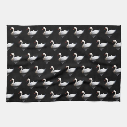Linge De Cuisine Cygne blanc sur noir (Horizontal)