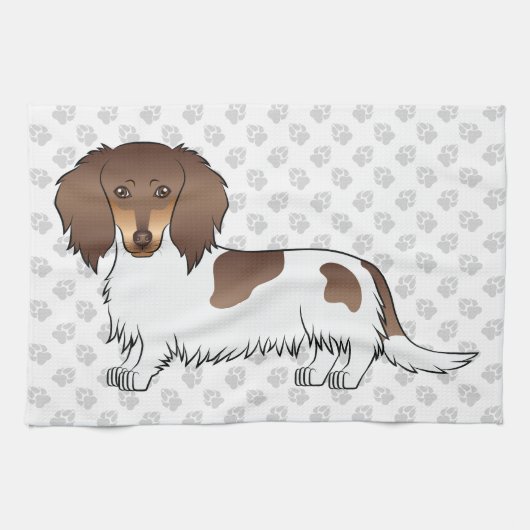Linge De Cuisine Dachshund à poil long chocolat et tan piebalde & p (Horizontal)