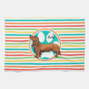 Linge De Cuisine Dachshund aux cheveux longs; Bright Rainbow Stripe