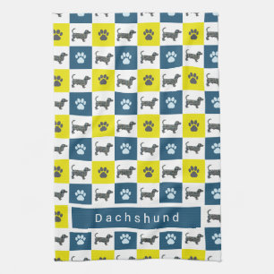 Linge De Cuisine Dachshund Chien & Paw Yellow & Blue Grid