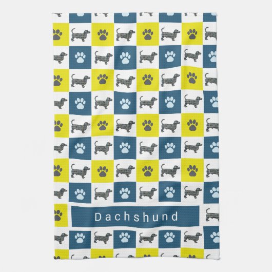 Linge De Cuisine Dachshund Chien & Paw Yellow & Blue Grid (Vertical)