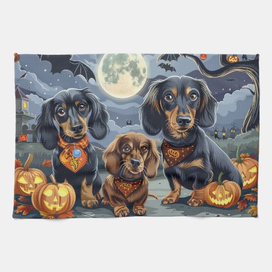 Linge De Cuisine Dachshund Halloween Éffrayant (Horizontal)