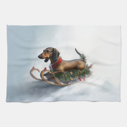 Linge De Cuisine Dachshund hiver neige de Noël (Horizontal)
