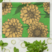Linge De Cuisine Dahlias en jaune et vert (Plié)