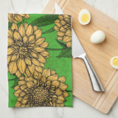 Linge De Cuisine Dahlias en jaune et vert (Quart Plié)