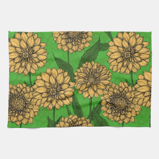 Linge De Cuisine Dahlias en jaune et vert (Horizontal)