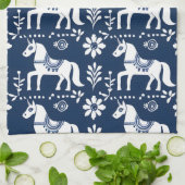 Linge De Cuisine dala suédois cheval folk art motif bleu blanc (Plié)