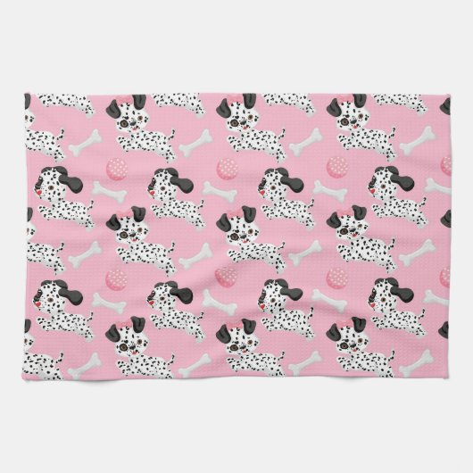 Linge De Cuisine Dalmatiens Chiots Noirs Points Roses Toy Ball Blan (Horizontal)