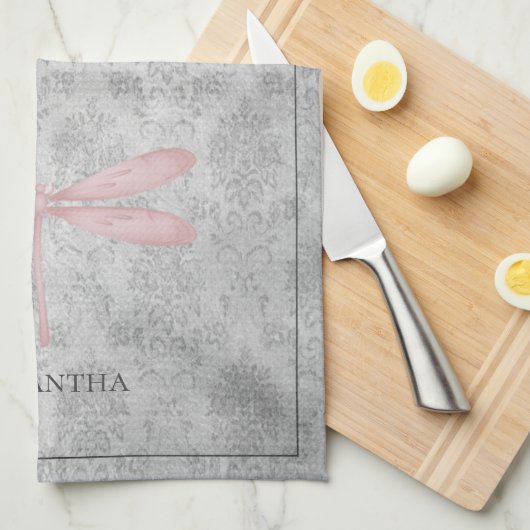 Linge De Cuisine Damas de libellule rose (Quart Plié)