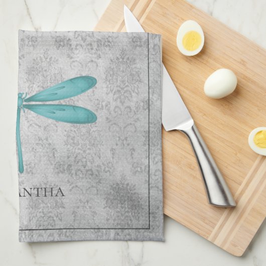 Linge De Cuisine Damas de libellule turquoise (Quart Plié)